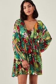 Accessorize Green Jungle Print Long Sleeve Mini Beach Dress - Image 1 of 3