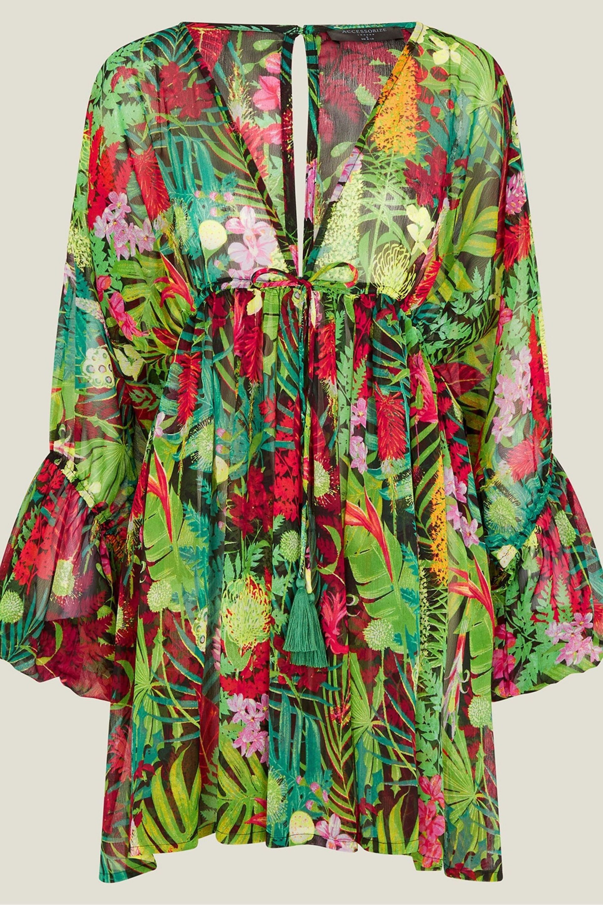 Accessorize Green Jungle Print Long Sleeve Mini Beach Dress - Image 3 of 3