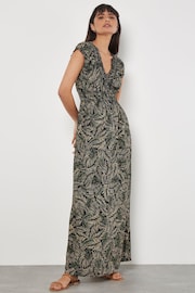 Apricot Green Rustic Leaves Smock V-Neck Maxi Dress - Image 1 of 4