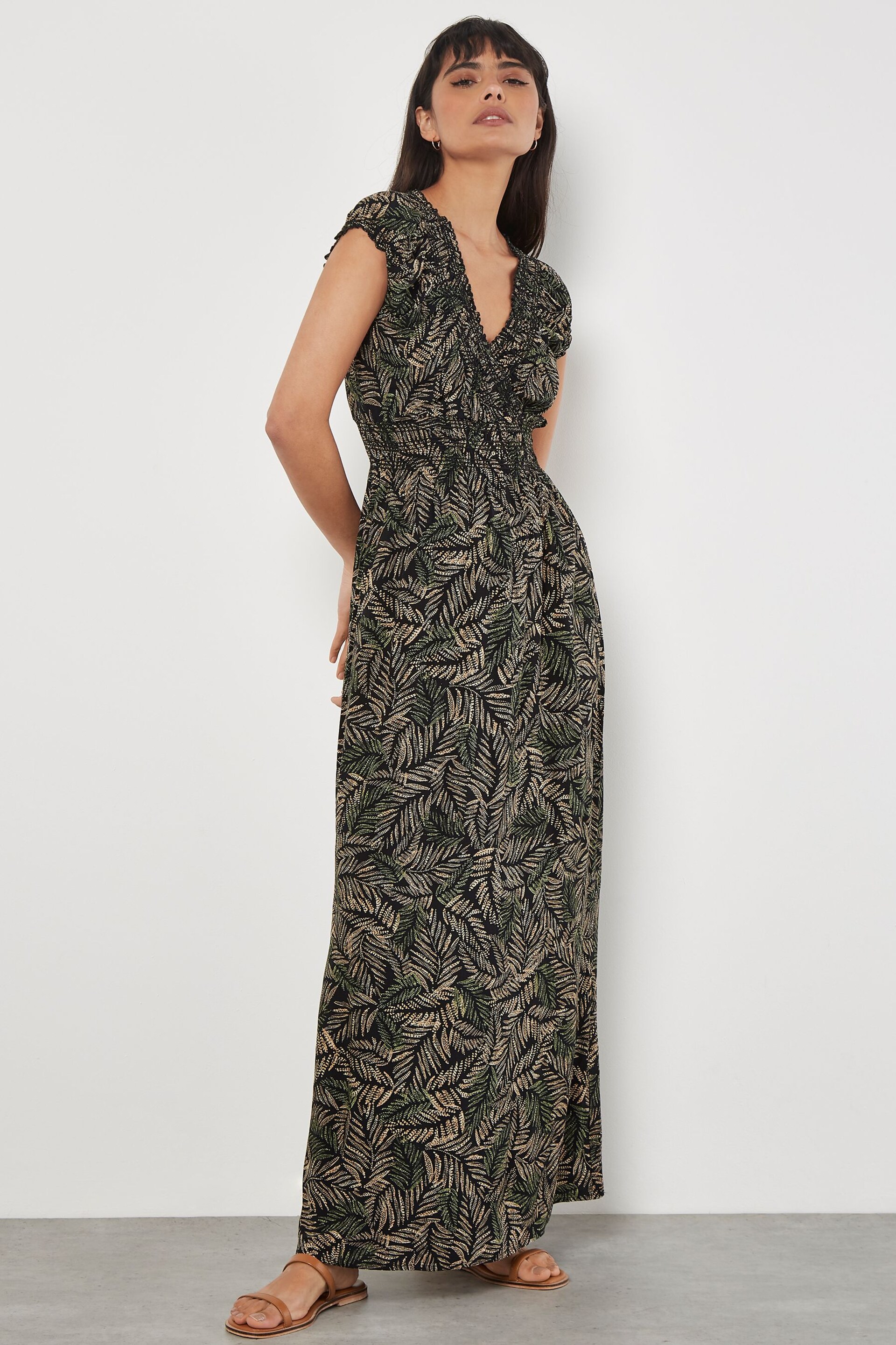 Apricot Green Rustic Leaves Smock V-Neck Maxi Dress - Image 1 of 4