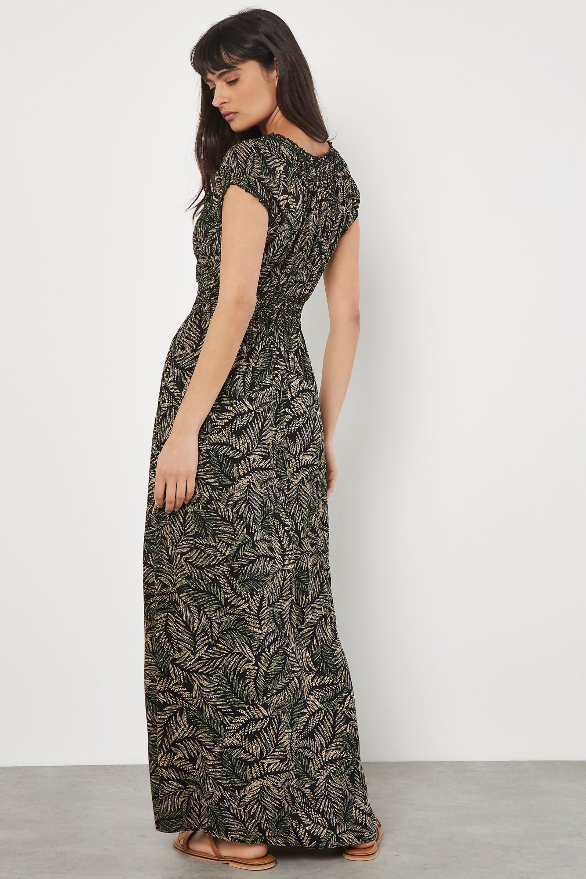 Apricot Green Rustic Leaves Smock V-Neck Maxi Dress - Image 4 of 4