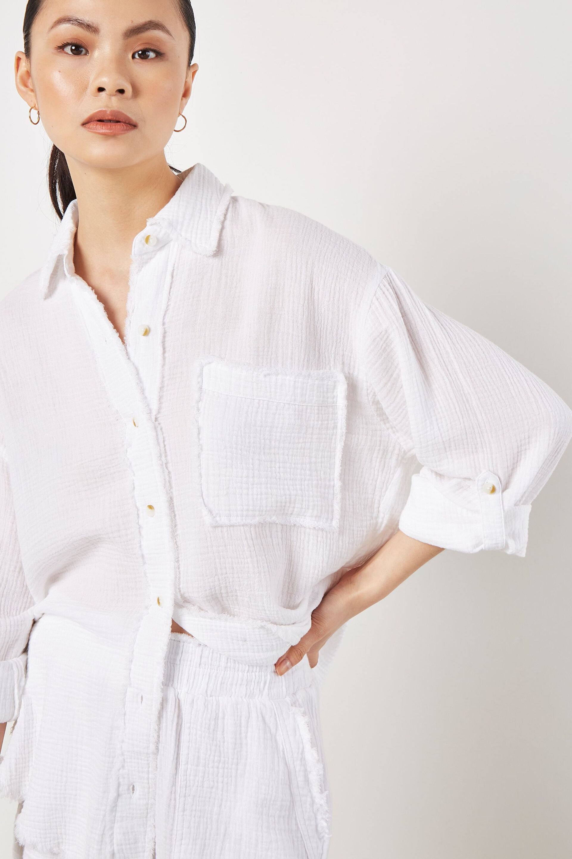 Apricot White Fringed Detail Oversized Tetra Shirt - Image 1 of 5