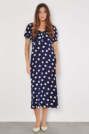 Apricot Blue Big Spot Bow Detail Midi Dress - Image 1 of 4