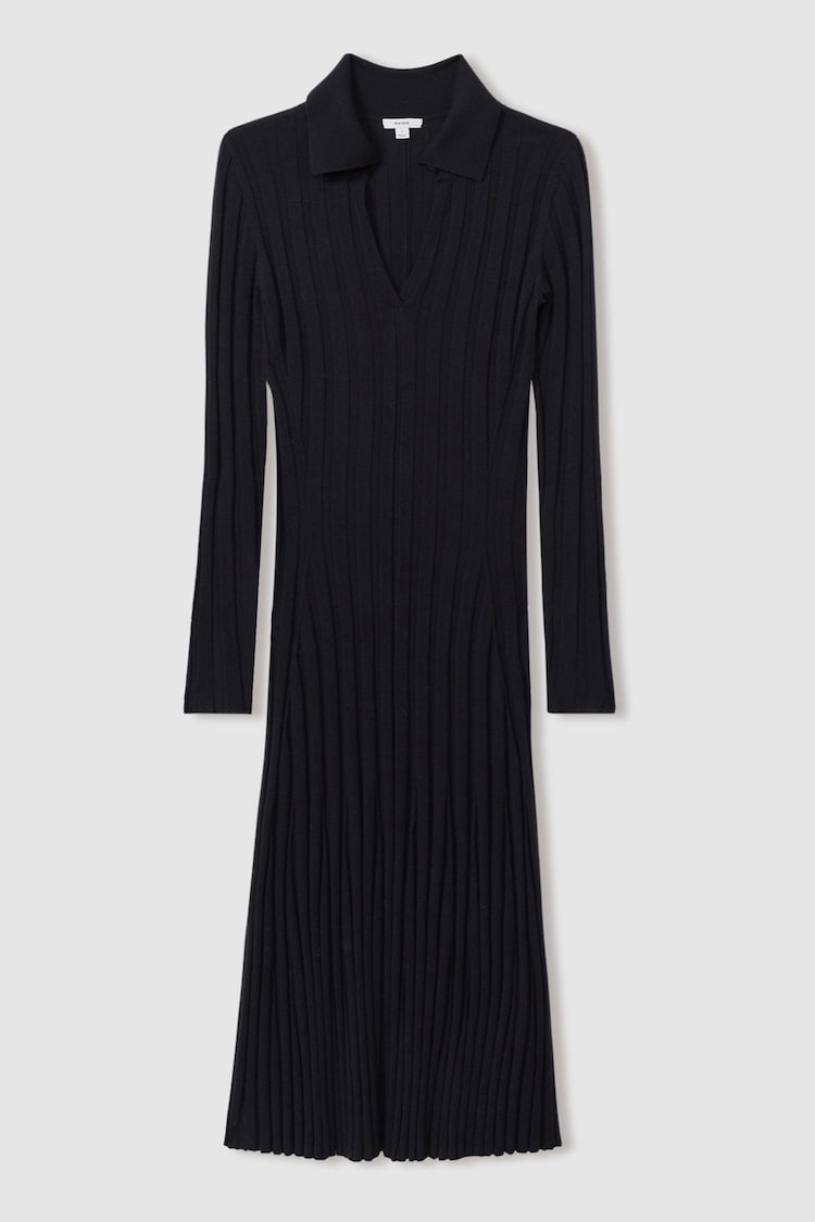 Reiss Navy Winnie Petite Knitted Open-Collar Midi Dress - Image 2 of 7