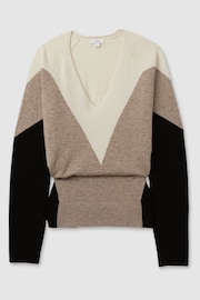 Reiss Neutral/Black Esme Wool Blend Colourblock V-Neck Jumper - Image 2 of 5