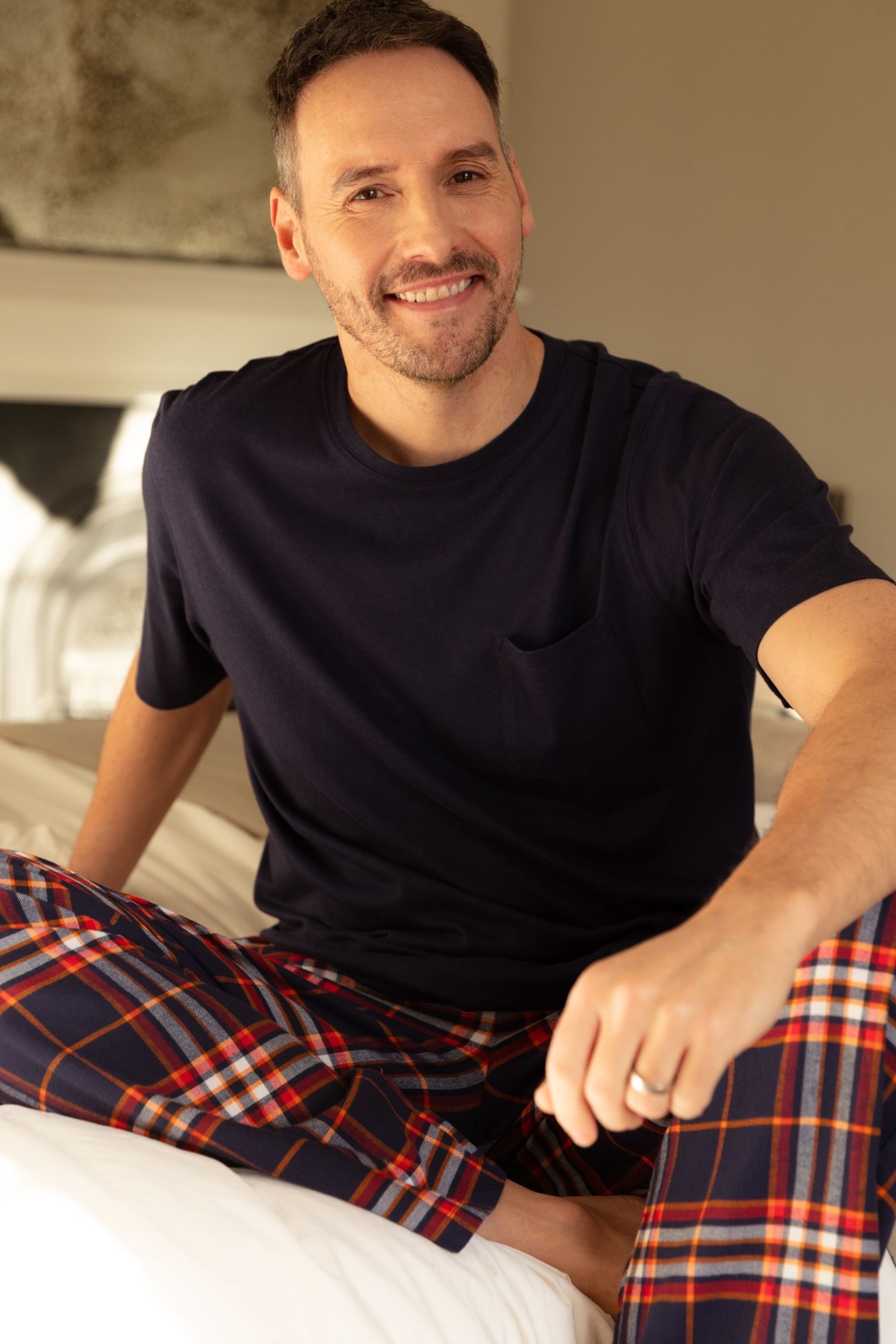 Cyberjammies Blue Mens Check Pyjamas Bottoms and Solid Jersey T Shirt