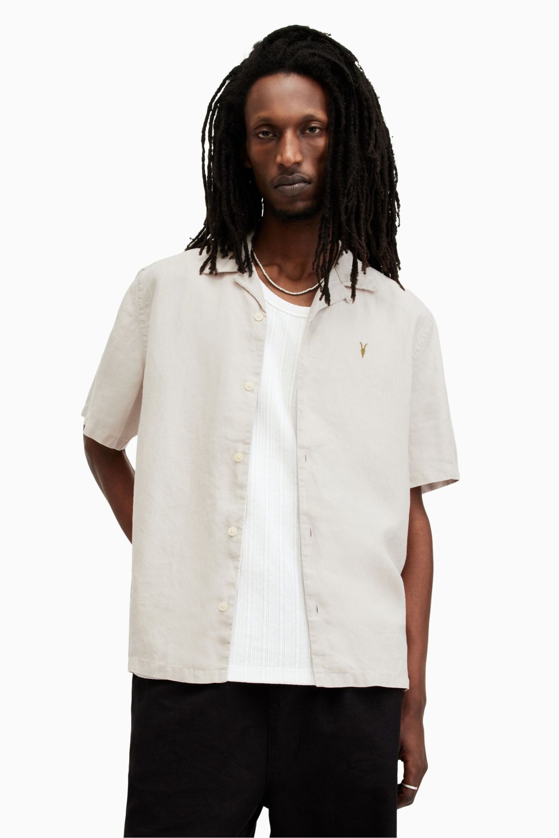 AllSaints Nude Audley Short Sleeve Shirt - Image 1 of 6