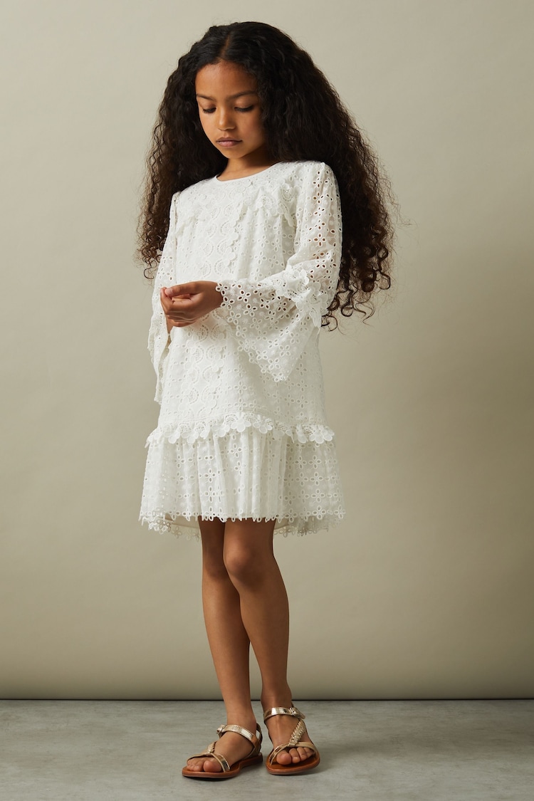 Reiss Ivory Zadie Junior Lace Flared Sleeve Dress - Image 1 of 4