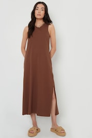 Threadbare Brown Sleeveless Jersey Midi 100% Cotton Dress With Pockets - Image 1 of 4