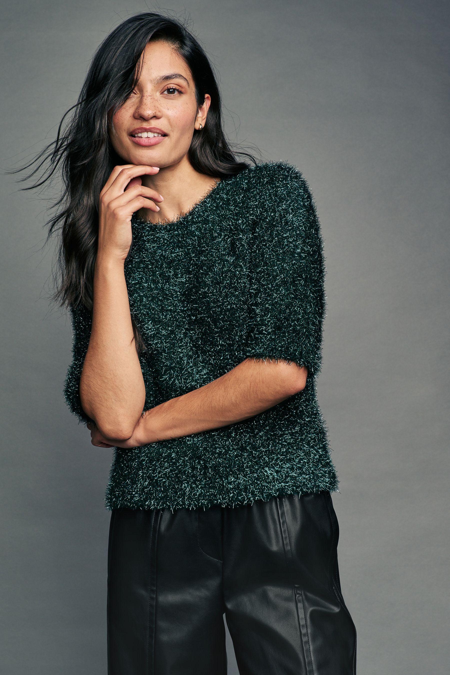 Buy Green Emerald Sparkle Tinsel Short Sleeve Knitted T Shirt Jumper from Next Luxembourg