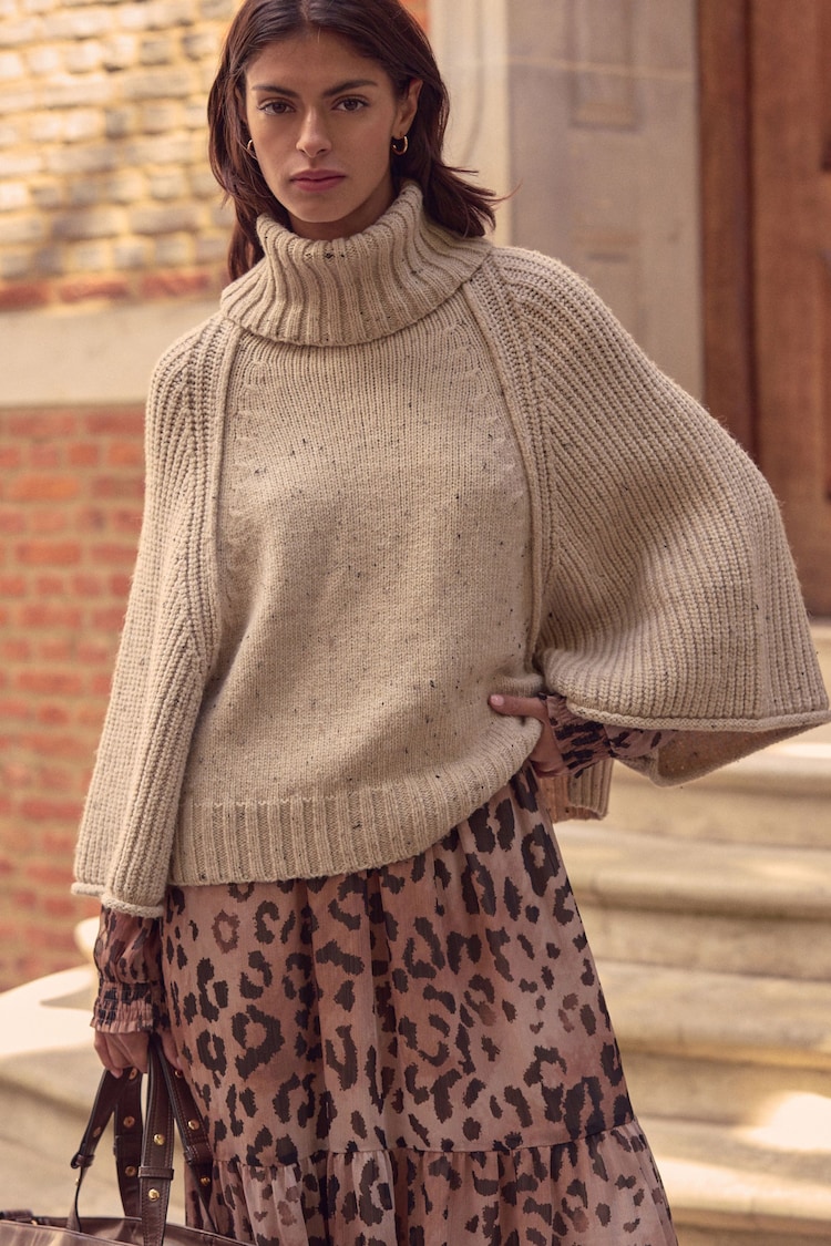 Ecru Roll Neck Knitted Poncho - Image 1 of 8