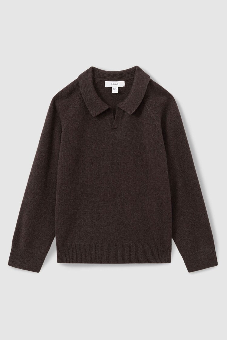 Reiss Chocolate Brown Grange Junior Wool-Cashmere Open-Collar Jumper - Image 2 of 4