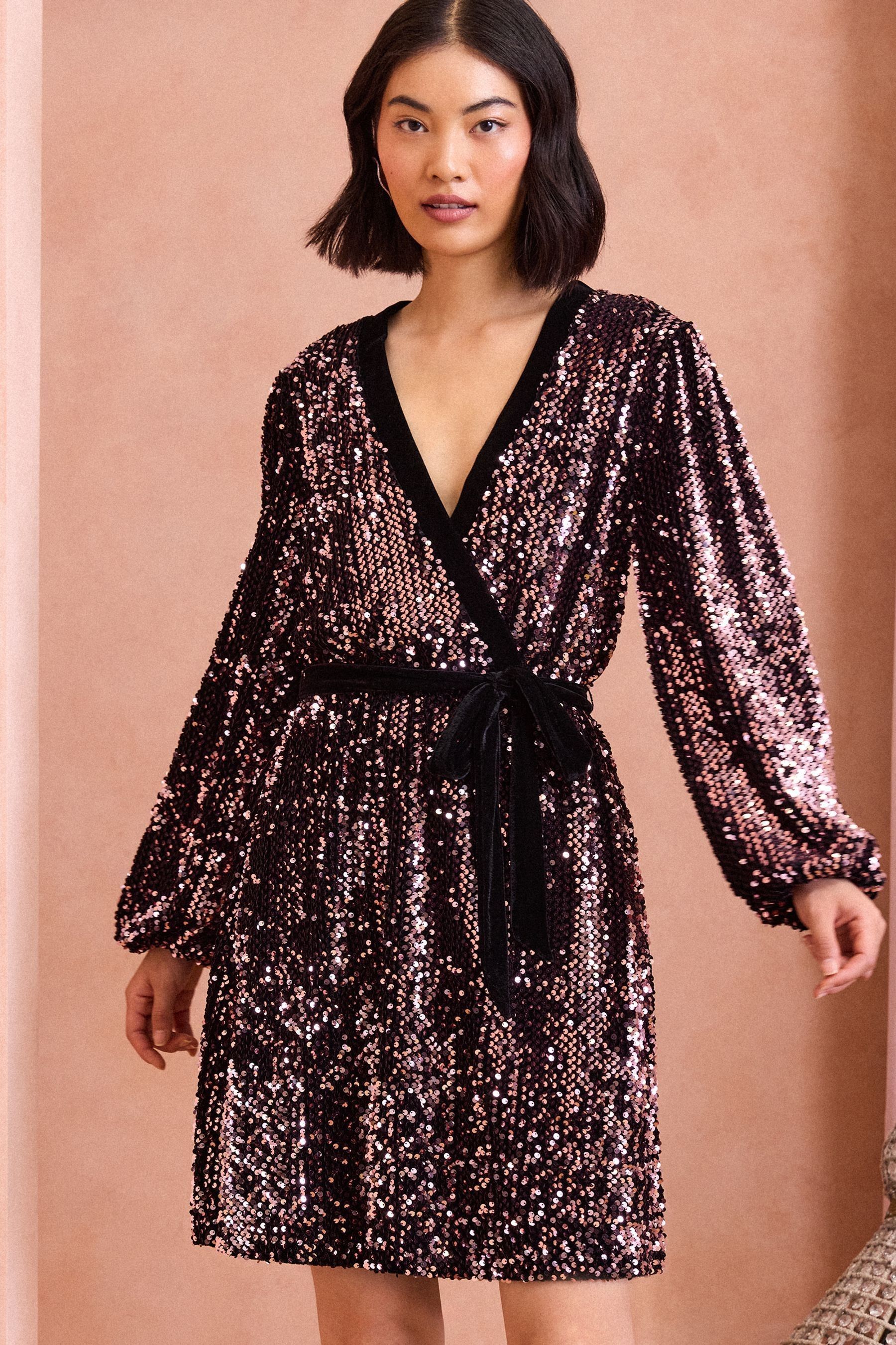 Pink sequin wrap dress best sale