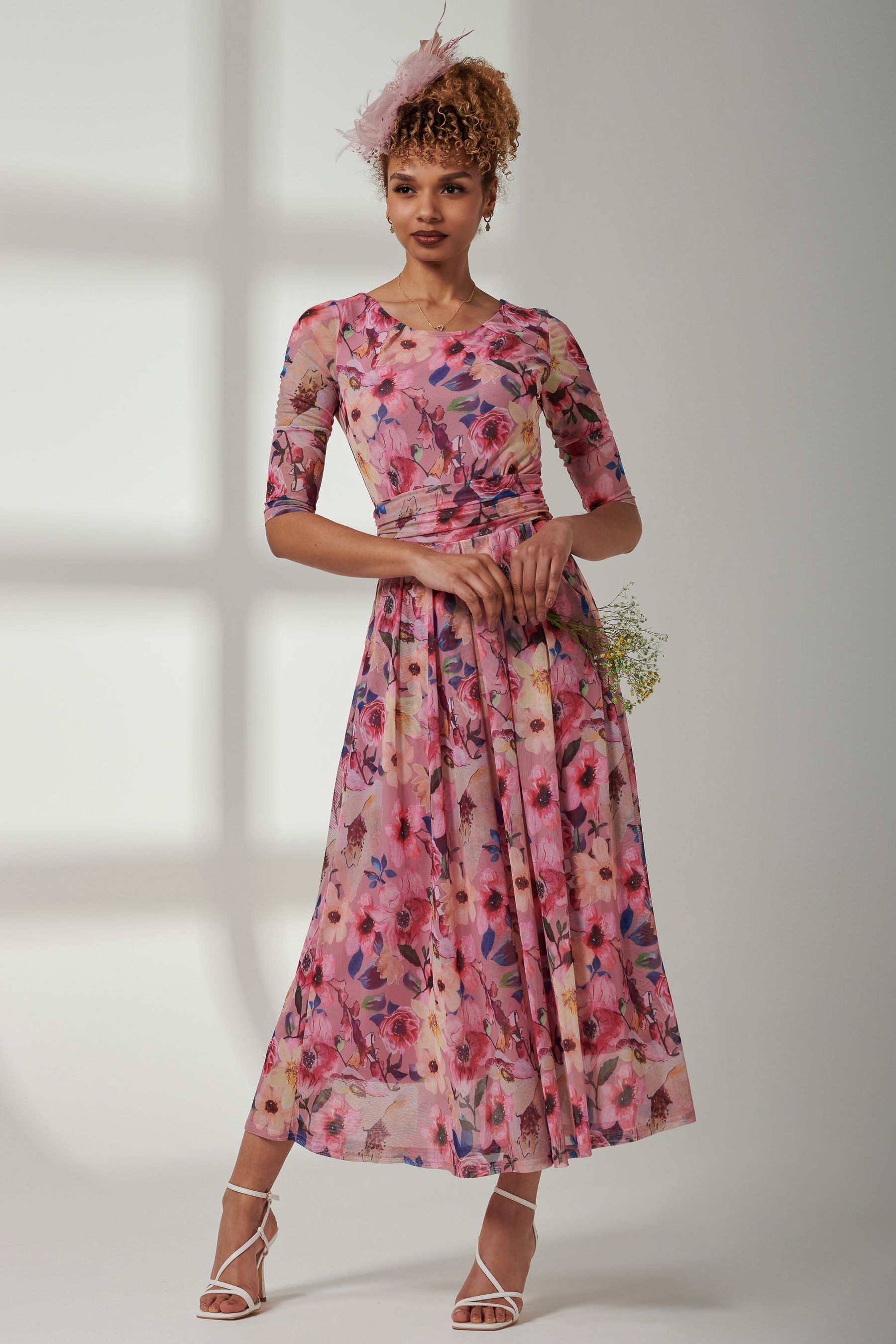 Buy Jolie Moi Pink Bella Print 3 4 Sleeve Mesh Maxi Dress from the Next UK online shop