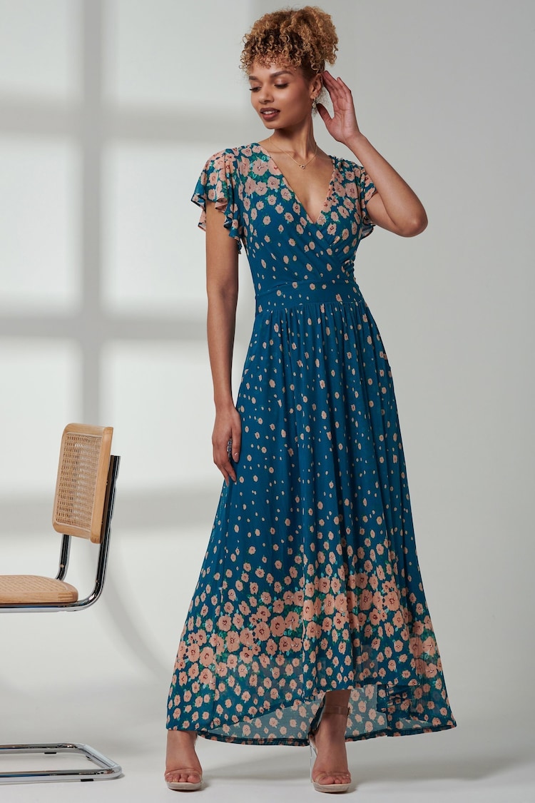 Jolie Moi Blue Kora Cap Sleeve Mesh Maxi Dress - Image 6 of 6