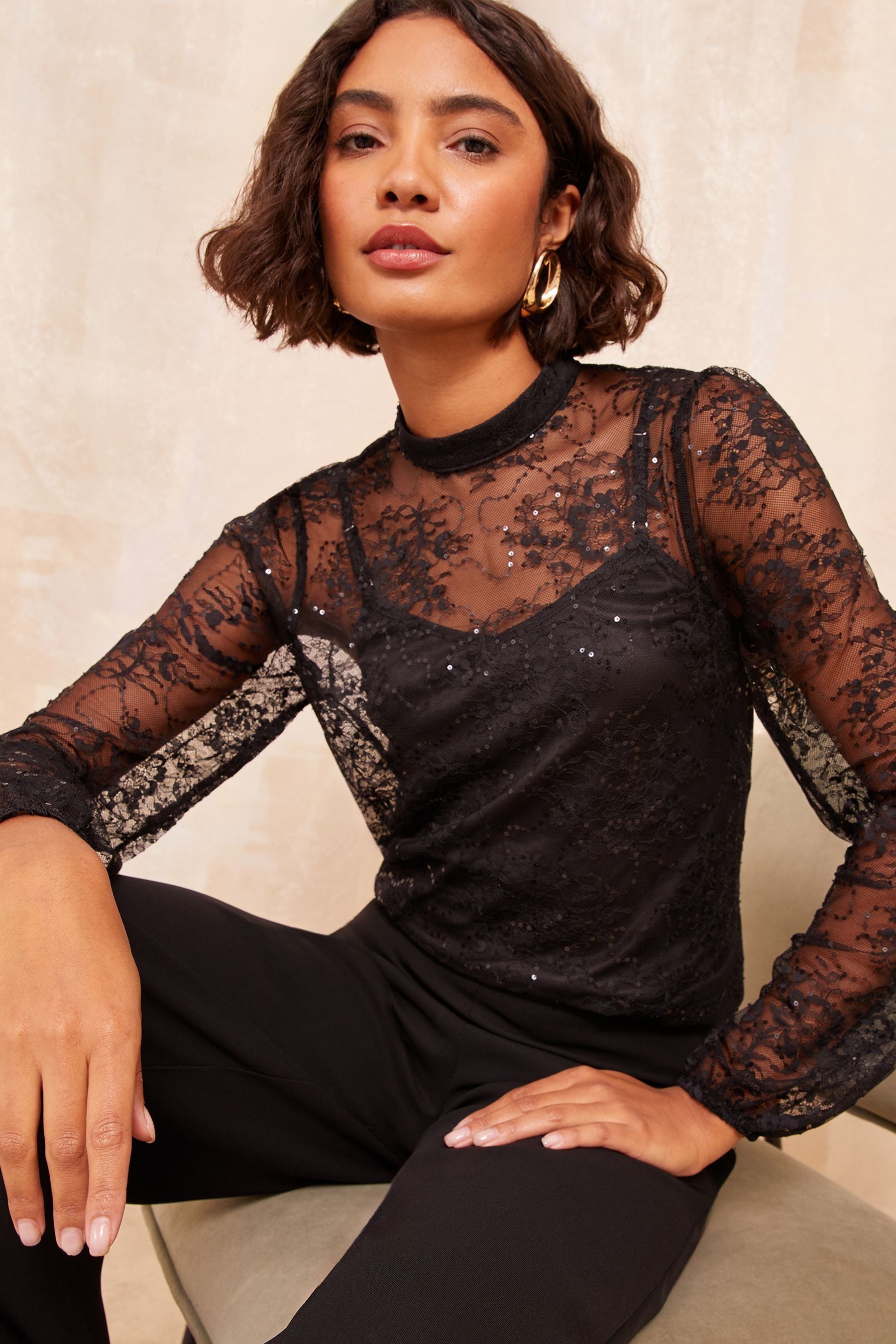 Buy Friends Like These Black Long Sleeve High Neck Lace Sequin Top from Next Canada