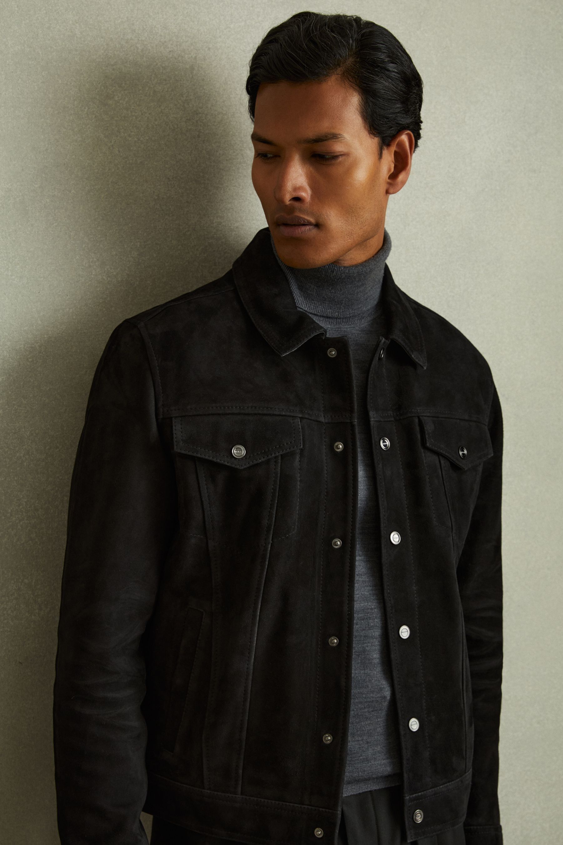 Reiss Black Eden Suede Trucker Jacket 2X Large Mens