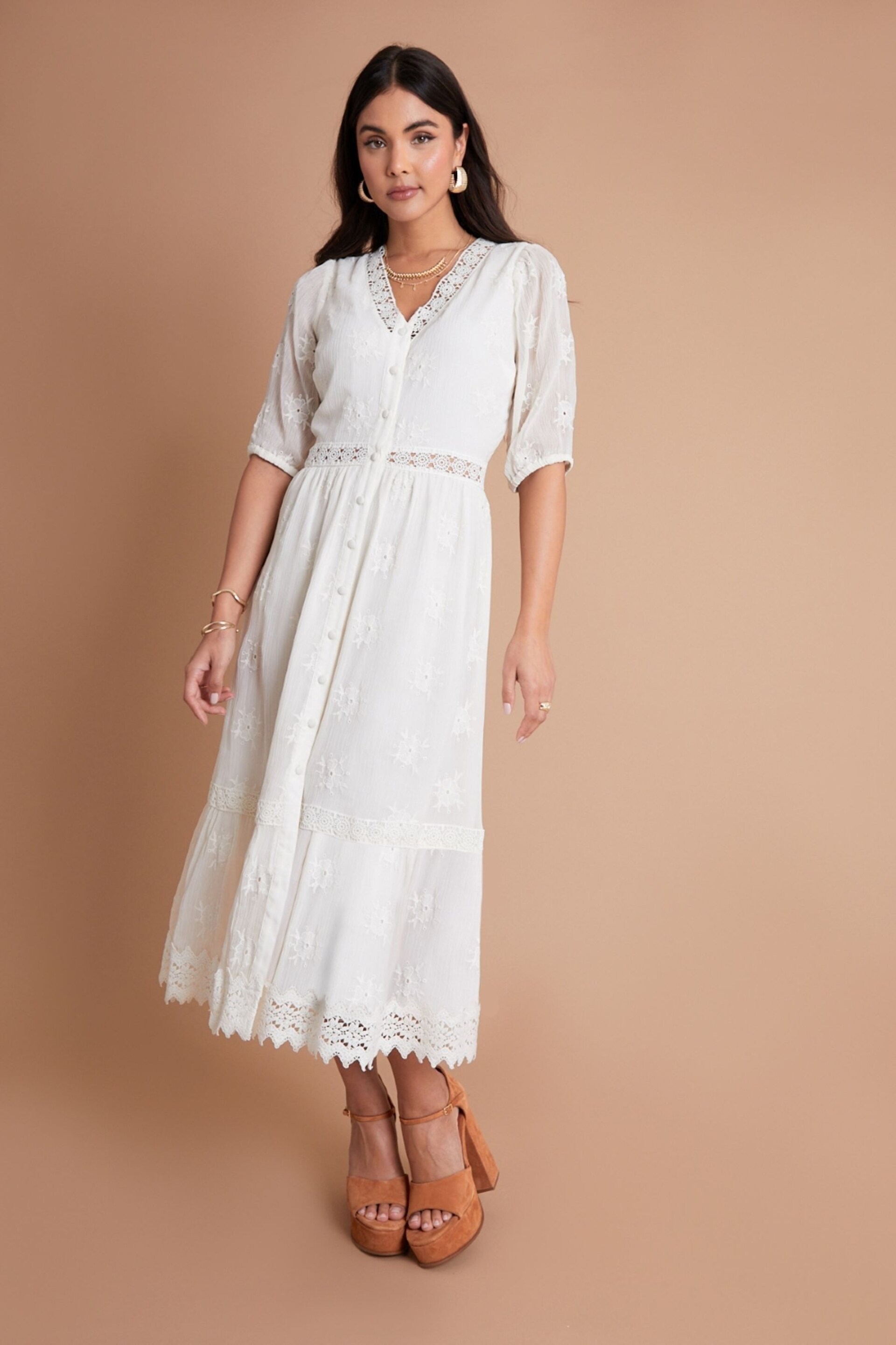 Another Sunday Cream Embroidered Button Down Lace Detail Chiffon Midi Dress - Image 2 of 6