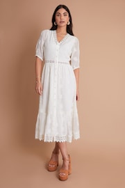 Another Sunday Cream Embroidered Button Down Lace Detail Chiffon Midi Dress - Image 3 of 6