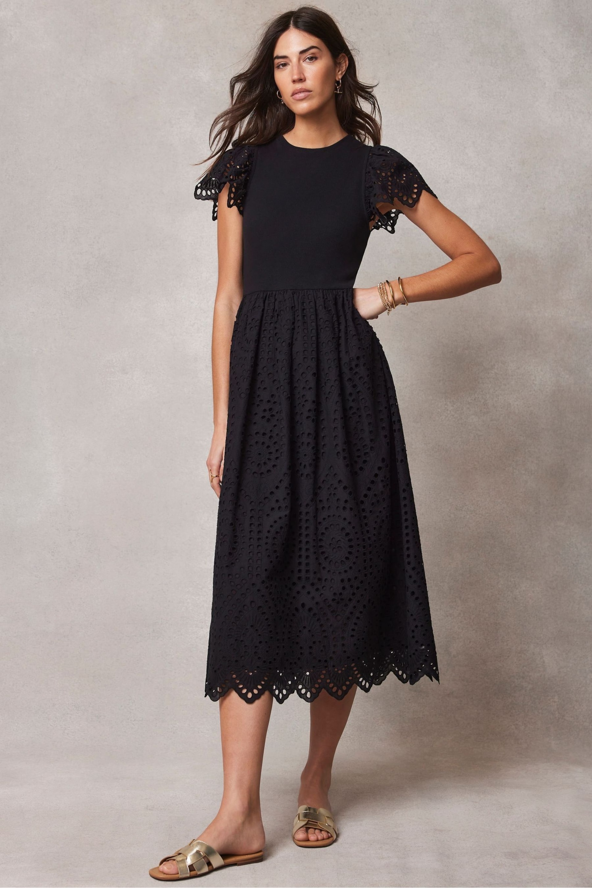 Mint Velvet Black Broderie Midi Dress - Image 1 of 4
