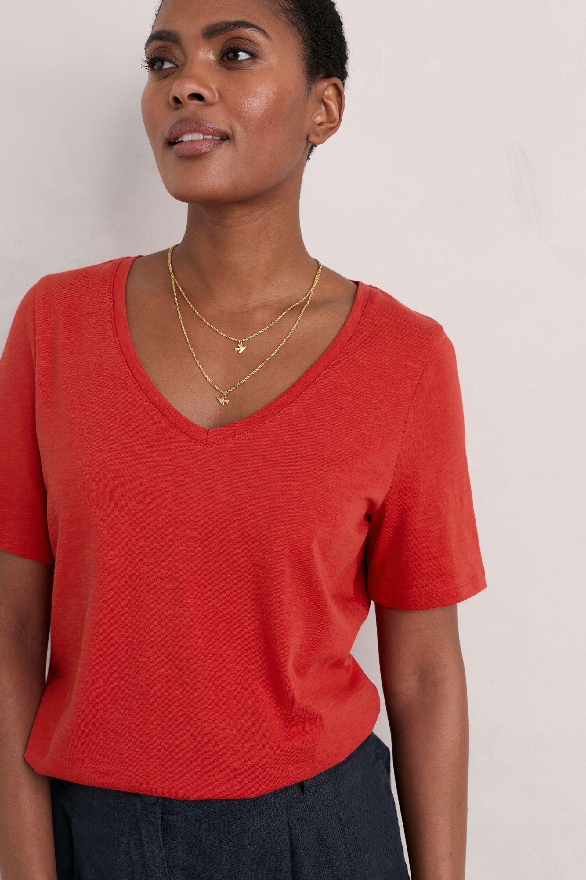 Seasalt Cornwall Red Burdock Organic Cotton V-Neck T-Shirt - Image 1 of 5