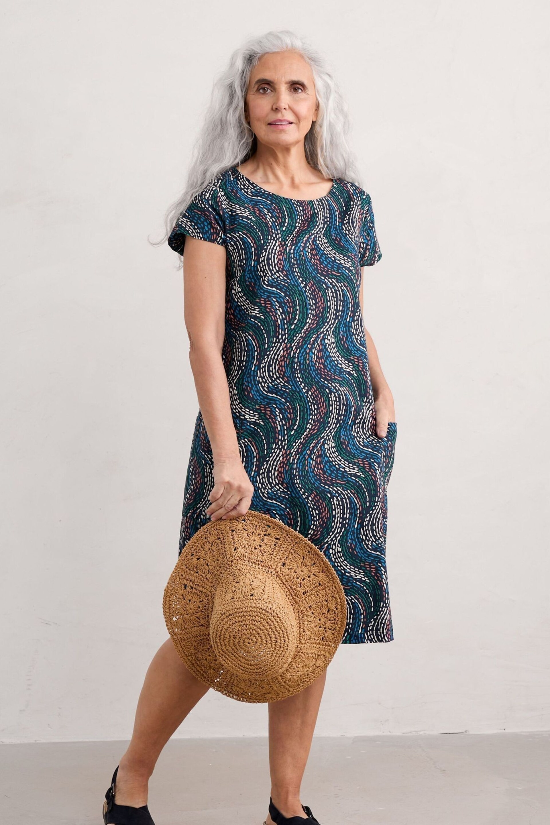 Seasalt Cornwall Blue Petite Tall Line Strokes Short Sleeve Dress - Image 3 of 4