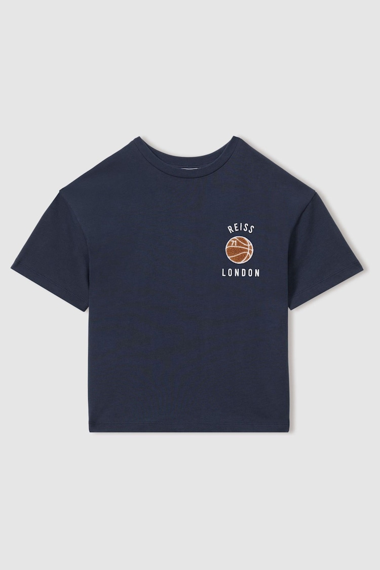 Reiss Washed Navy Kirby Teen Oversized Cotton Basketball Motif T-Shirt - Image 1 of 4