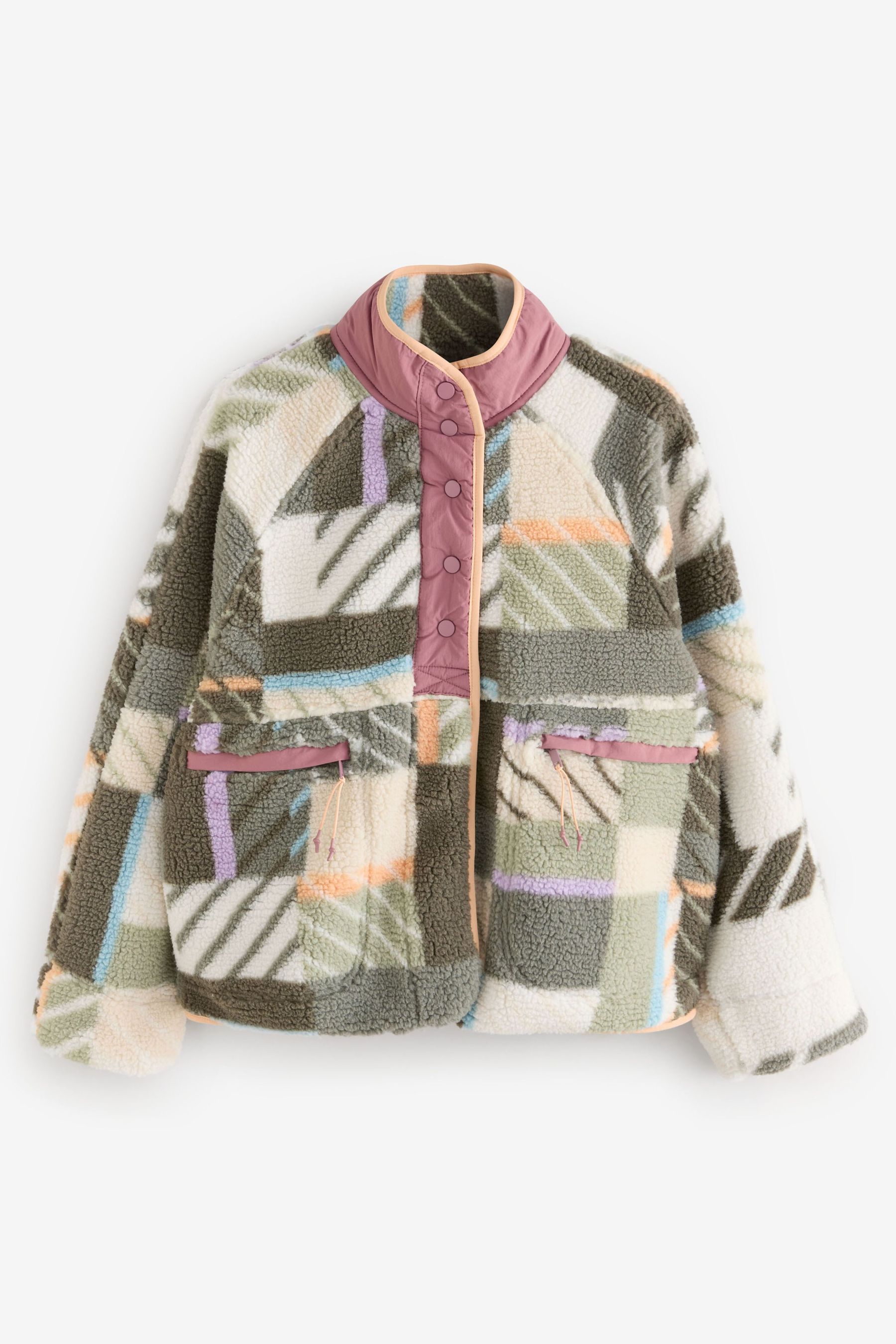 Buy Green Ecru Orange Abstract Print Woven Mix Teddy Borg Fleece Popper Front Jacket from Next Canada