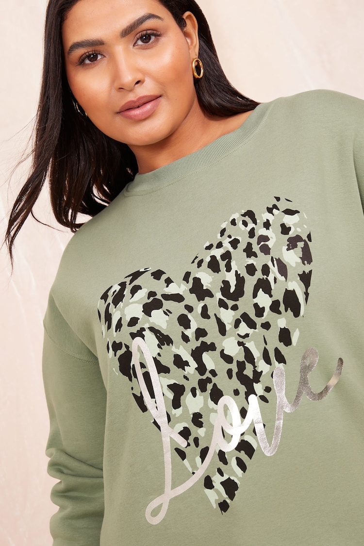 Curves Like These Khaki Green Love Heart Jersey Sweatshirt - Image 4 of 4