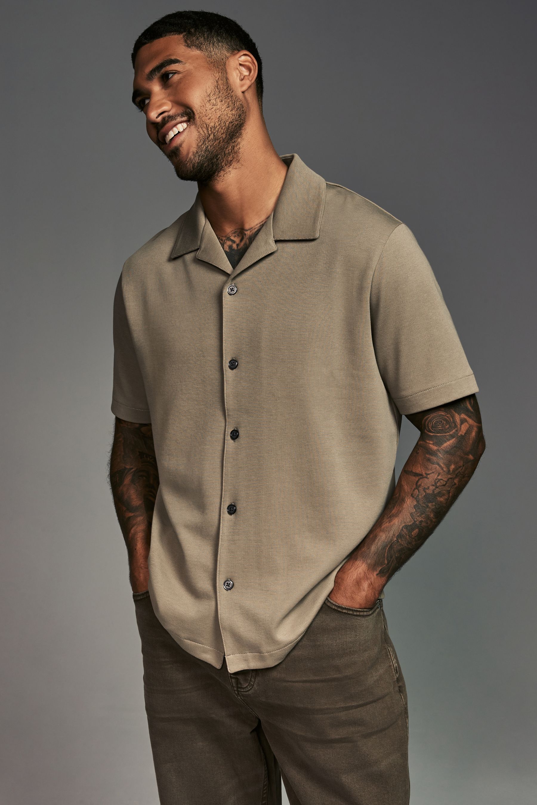 Buy Neutral Stone Relaxed Fit Cuban Collar Jersey Shirt from Next Finland