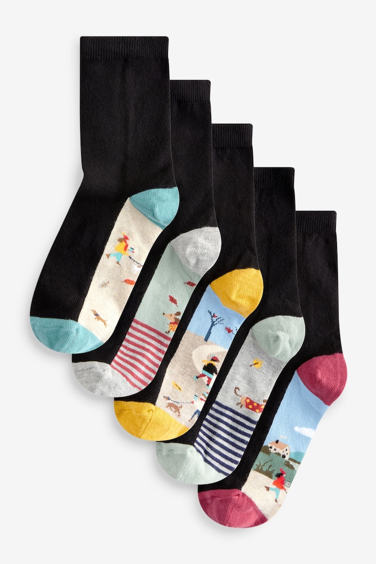 Dog Walking Scene Footbed Ankle Socks 5 Pack - Image 1 of 6