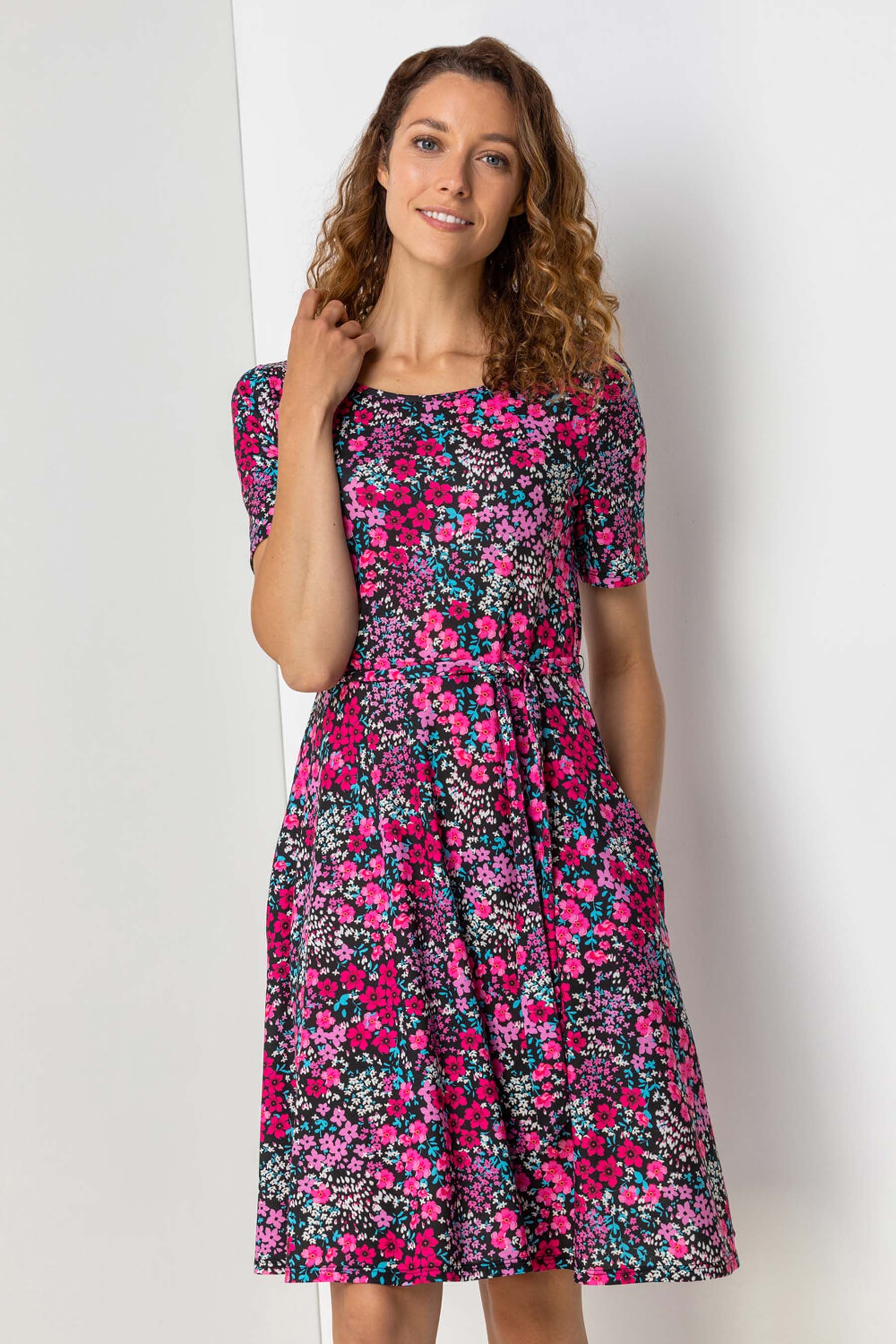 Buy Roman Pink Floral Print Belted Skater Dress from the Next UK online shop