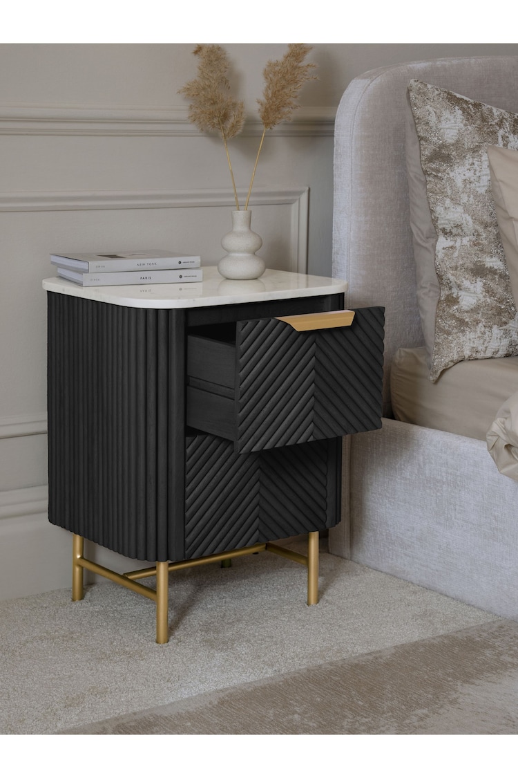 Black Valencia Marble and Mango Wood 2 Drawer Bedside Table - Image 2 of 7