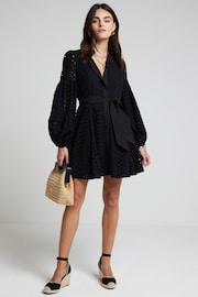 River Island Black Belted Puff Broidery 100% Cotton Dress - Image 1 of 6