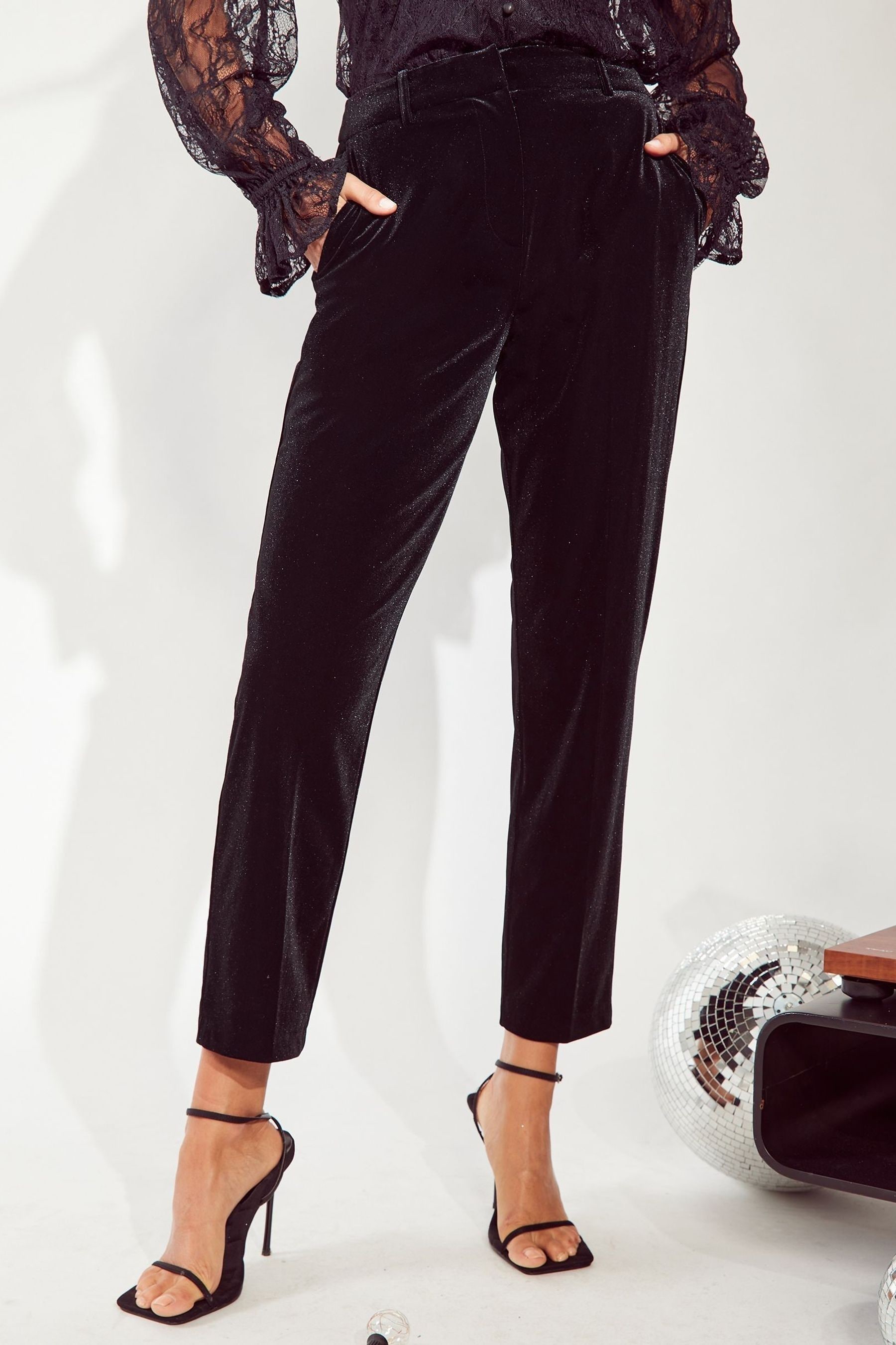 Friends Like These Black Petite Velvet Tailored Ankle Grazer Trousers Co Ord Suit