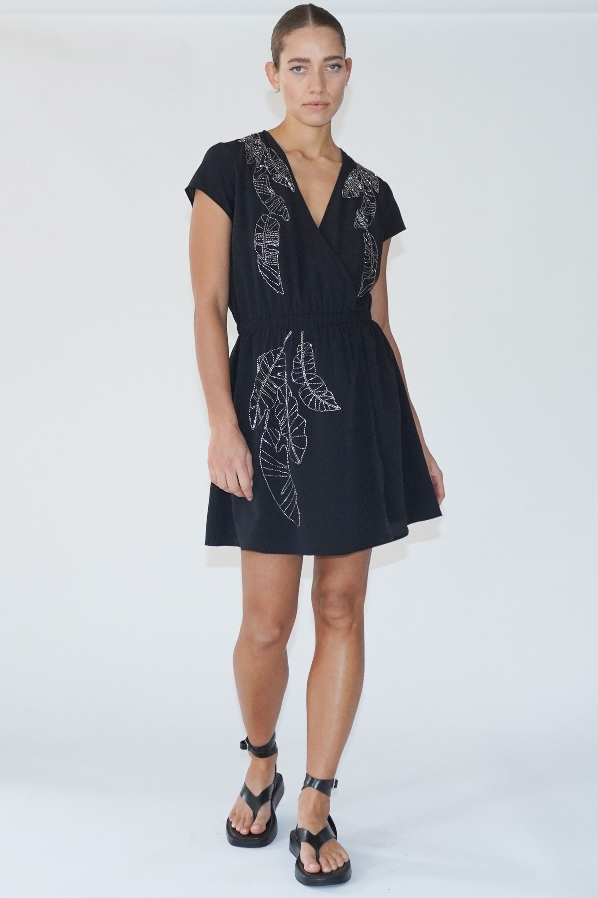 Religion Black Sensation Wrap Mini Dress With Gunmetal Beaded Motif - Image 2 of 6