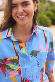 Blue Palm Print Linen Blend Short Sleeve Safari Shirt - Image 5 of 7