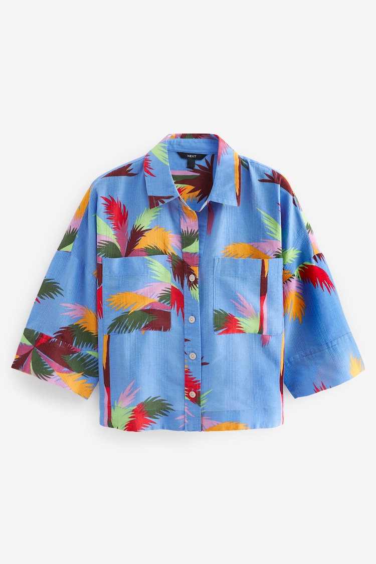 Blue Palm Print Linen Blend Short Sleeve Safari Shirt - Image 6 of 7