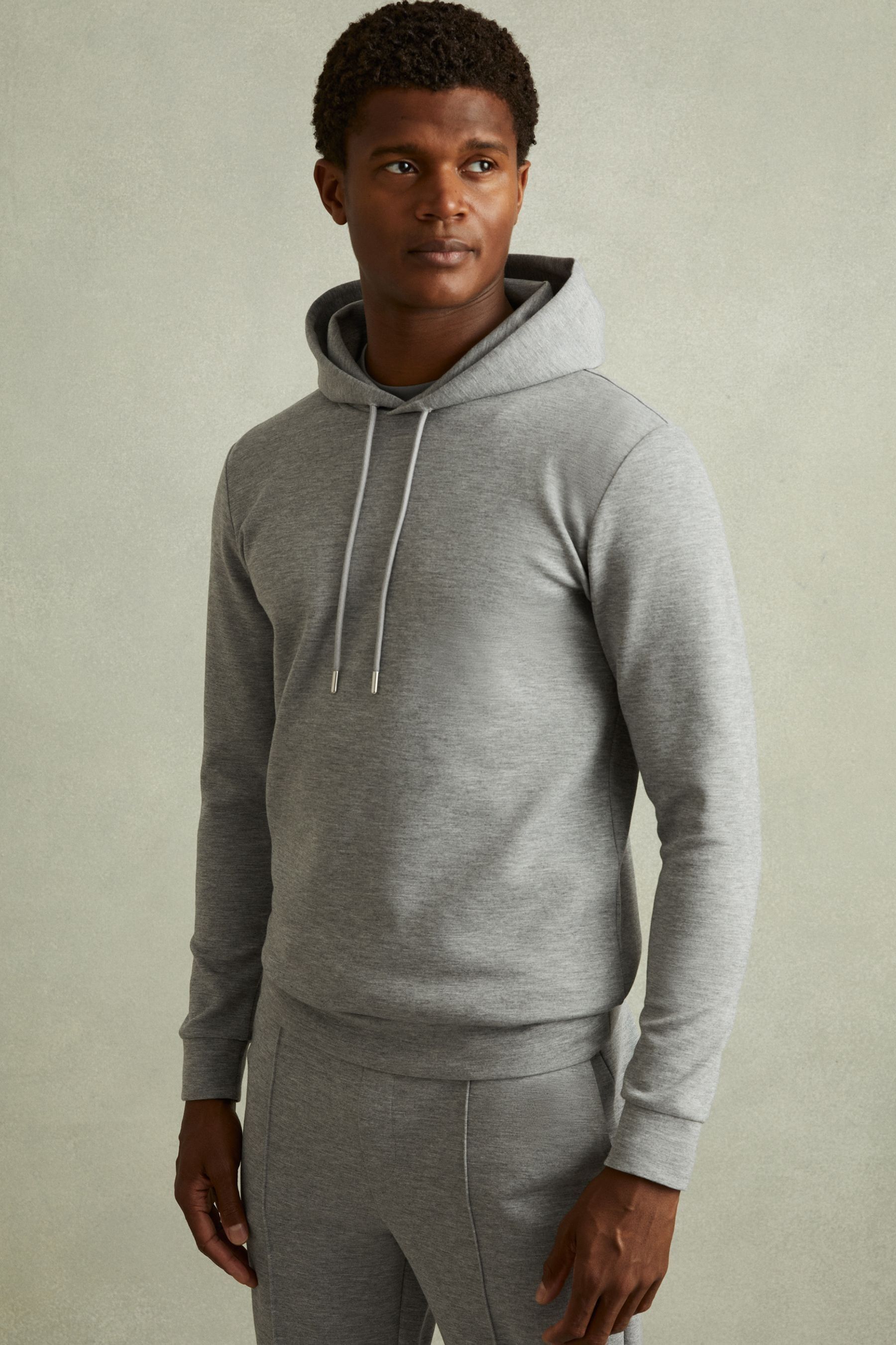 Buy Reiss Grey Melange Fabien Interlock Jersey Drawstring Hoodie from the Next UK online shop
