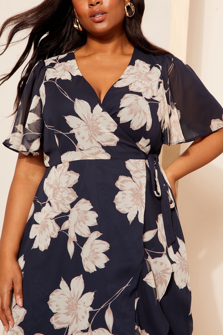 Friends Like These Navy Blue Chiffon Mix Flutter Sleeve Wrap Midi Dress - Image 2 of 4