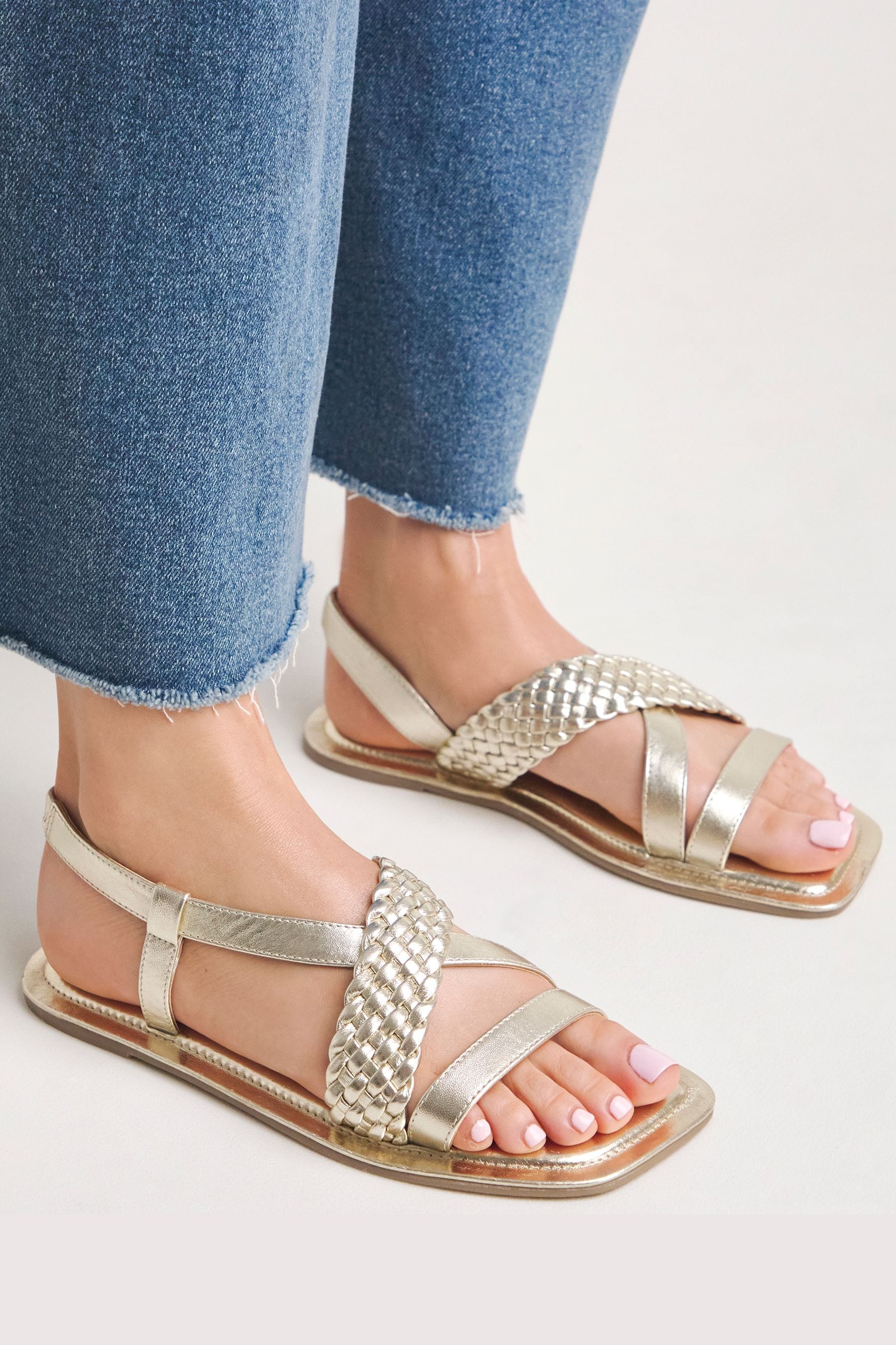 Buy JD Williams Gold Extra Wide Fit Leather Woven Elastic Flat Sandals from the Next UK online shop
