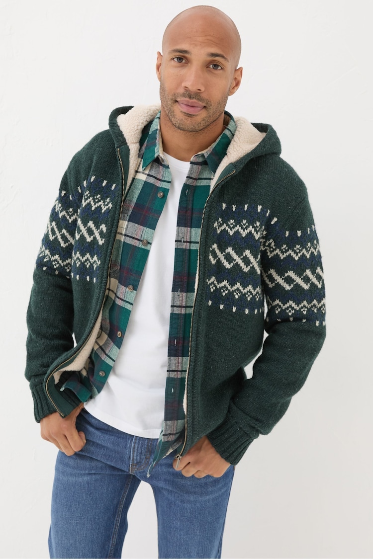 FatFace Dark Green Findon Knitted Pattern Hoodie - Image 1 of 6