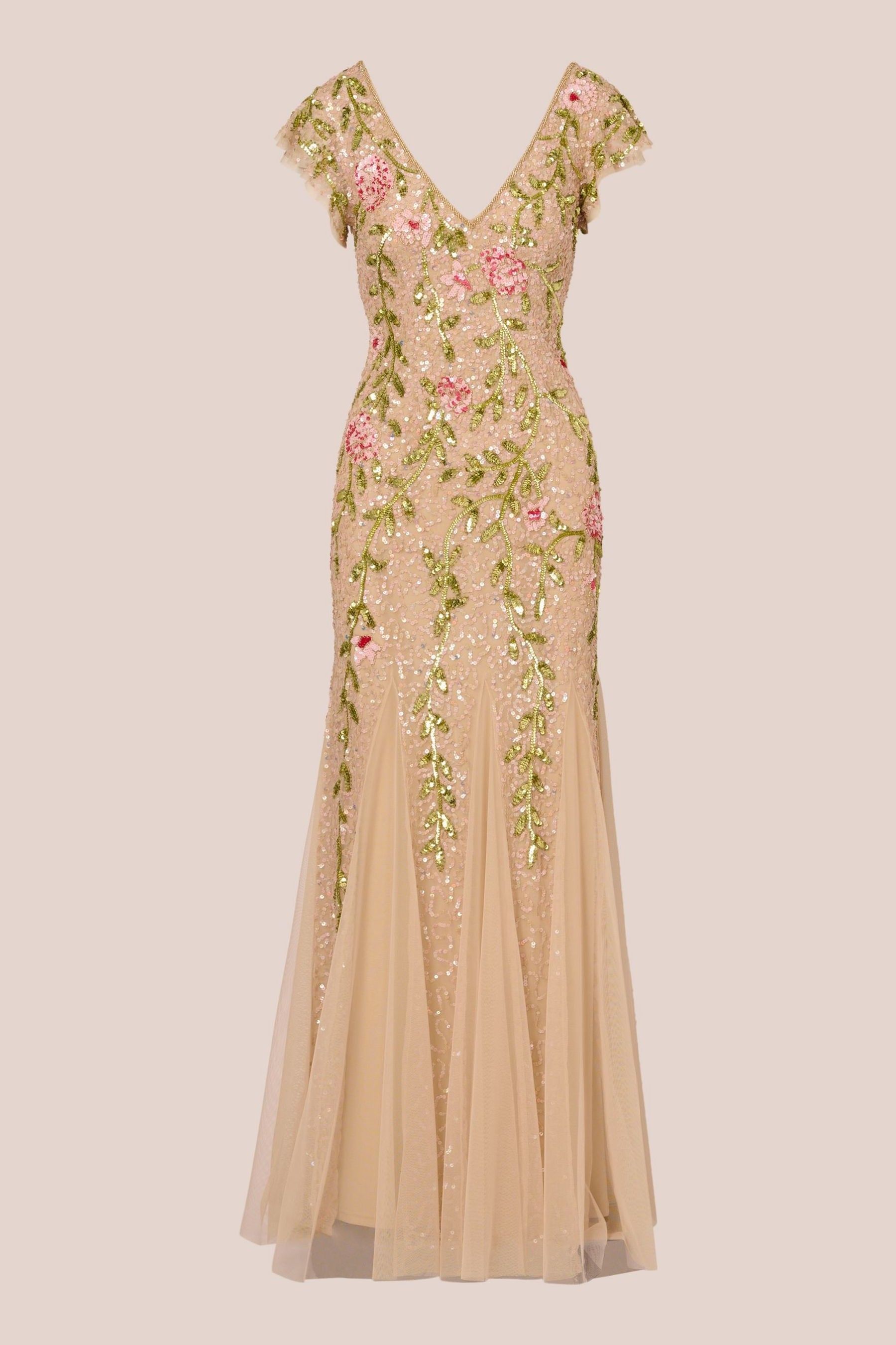 Buy Adrianna Papell Natural Beaded Mesh Flutter Dress from Next Luxembourg