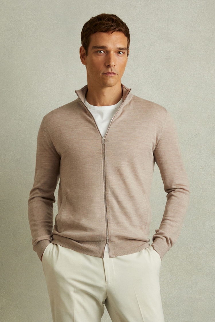 Reiss Wheat Melange Hampshire Merino Wool Zip-Through Funnel-Neck Cardigan - Image 1 of 5