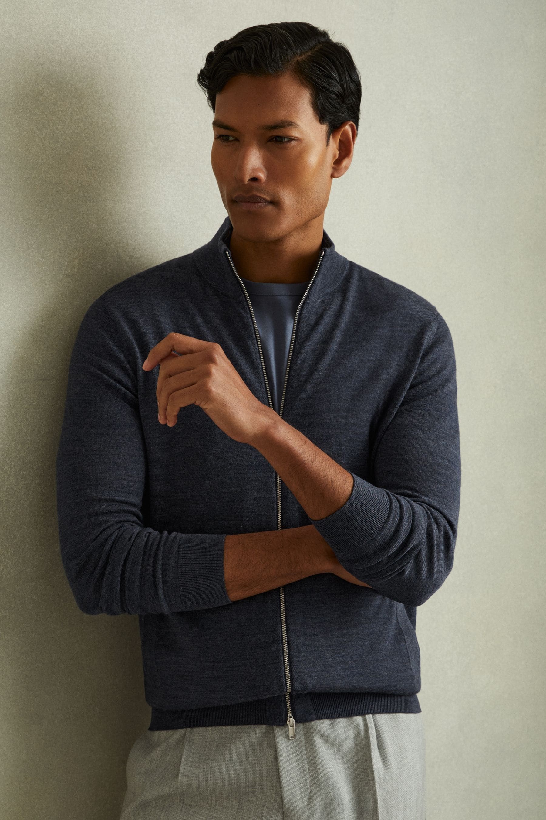 Merino zip through cardigan top