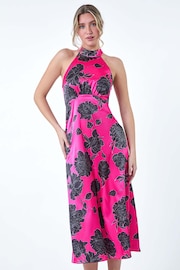 Dusk Pink Floral Satin Look Halterneck Midi Dress - Image 4 of 5