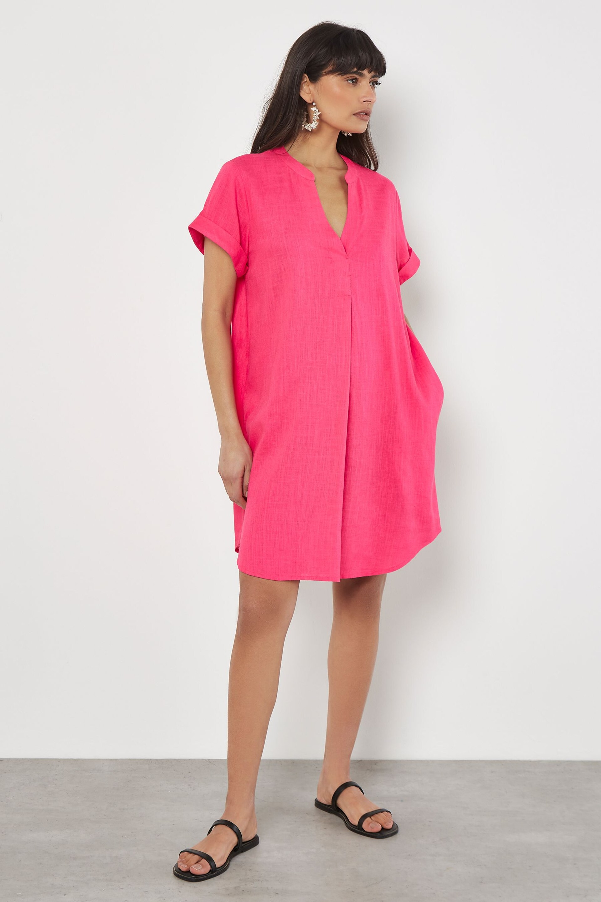 Apricot Pink Front Pleat V-Neck Mix Dress - Image 1 of 4