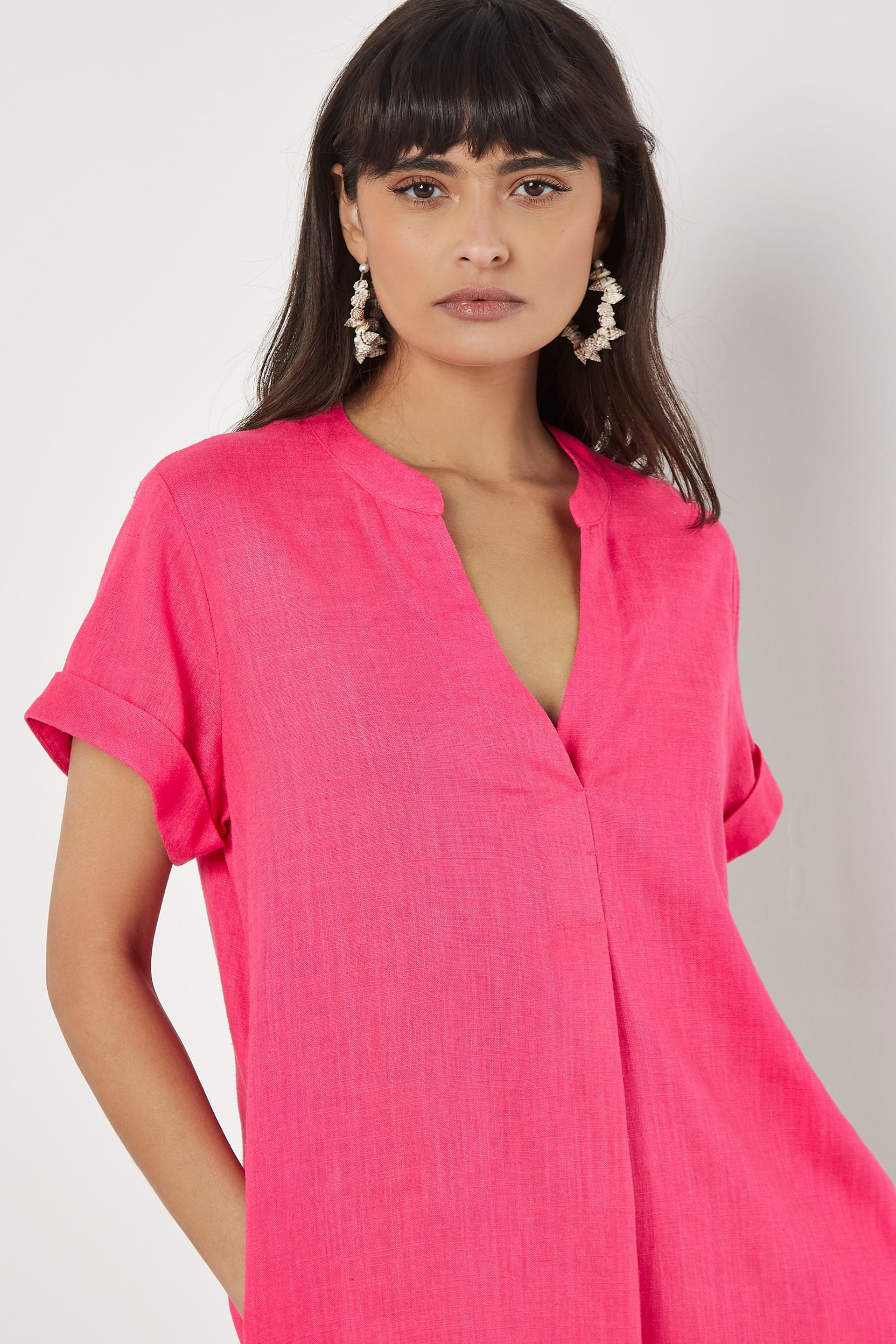 Apricot Pink Front Pleat V-Neck Mix Dress - Image 3 of 4