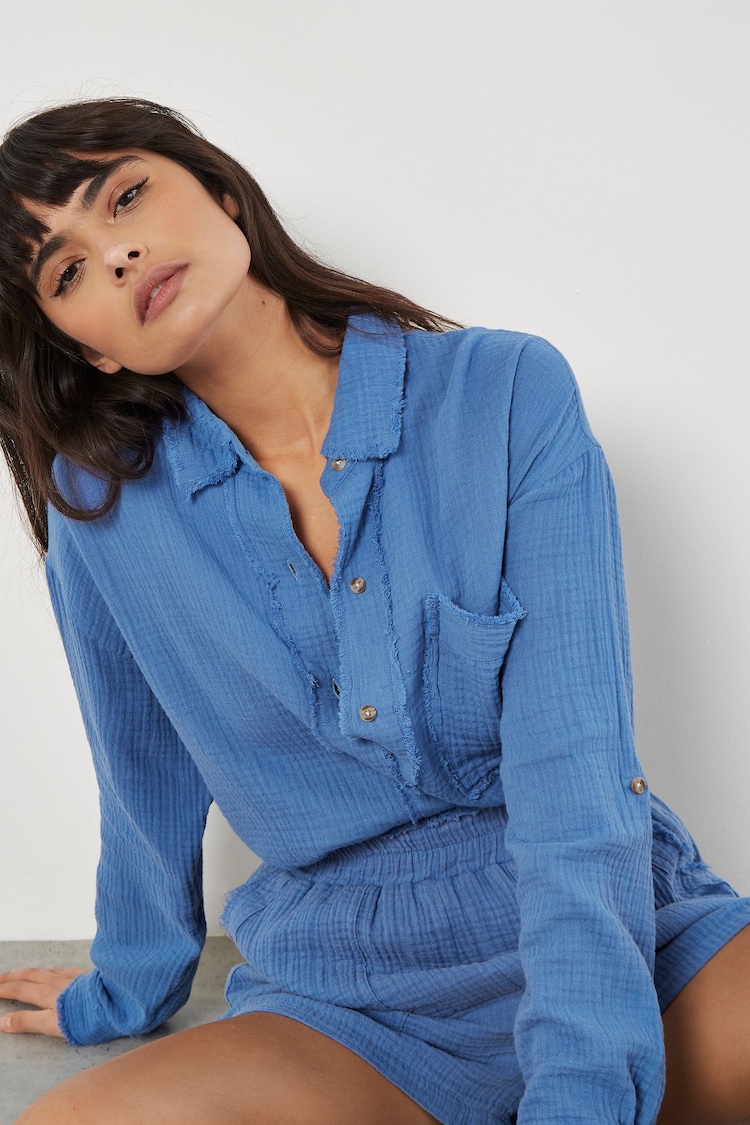 Apricot Blue Fringed Detail Oversized Tetra 100% Cotton Shirt - Image 2 of 5