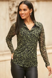 Sosandar Green Animal Print Mesh Shirt - Image 3 of 6